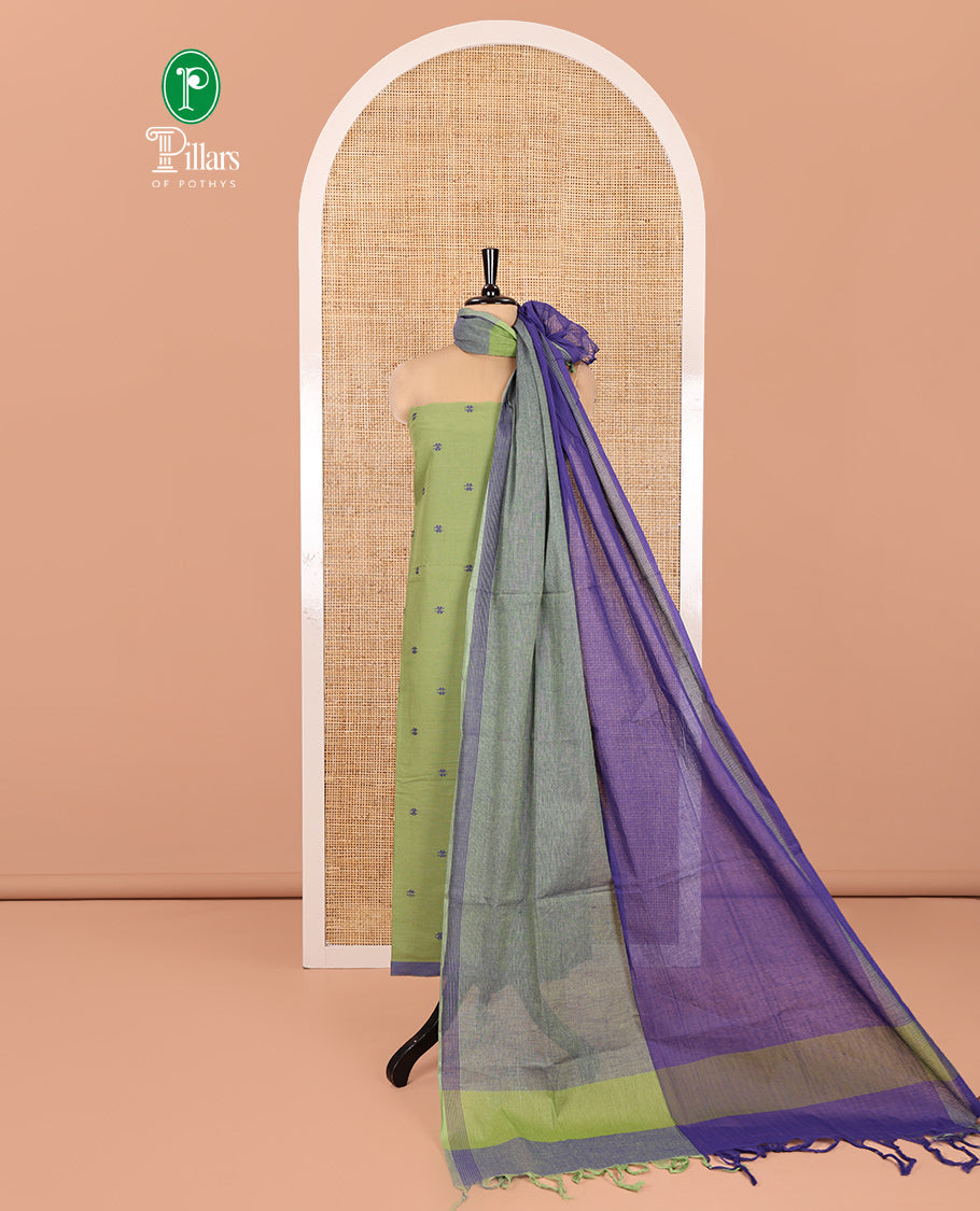 Green Handloom Cotton Material Chudidar, Buttas Woven Top, a Plain Bottom, and Contrast Dupatta