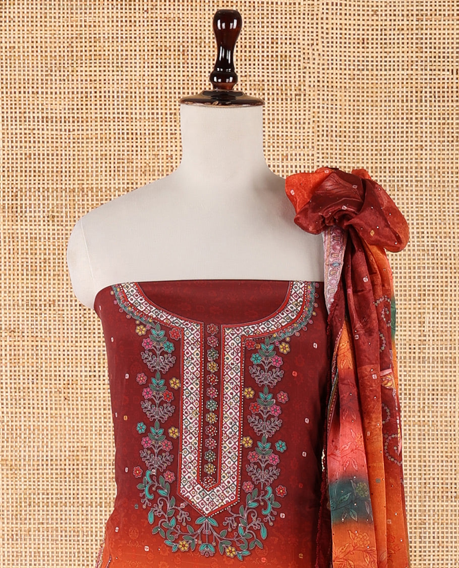 Red chudidar material set, double-shaded daman flower design print with stone work crepe top, leaf motif print & lace work kaleidoscopic-colored chinon dupatta & plain crepe bottom