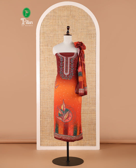 Red chudidar material set, double-shaded daman flower design print with stone work crepe top, leaf motif print & lace work kaleidoscopic-colored chinon dupatta & plain crepe bottom