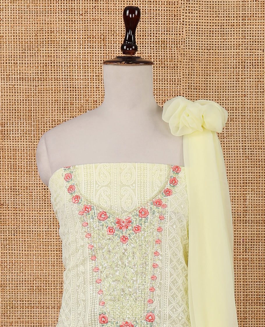 Lemon yellow chudidar material set, Lucknowi chikankari embroidered & neckwork georgette top,crepe plain bottom, & chiffon plain dupatta