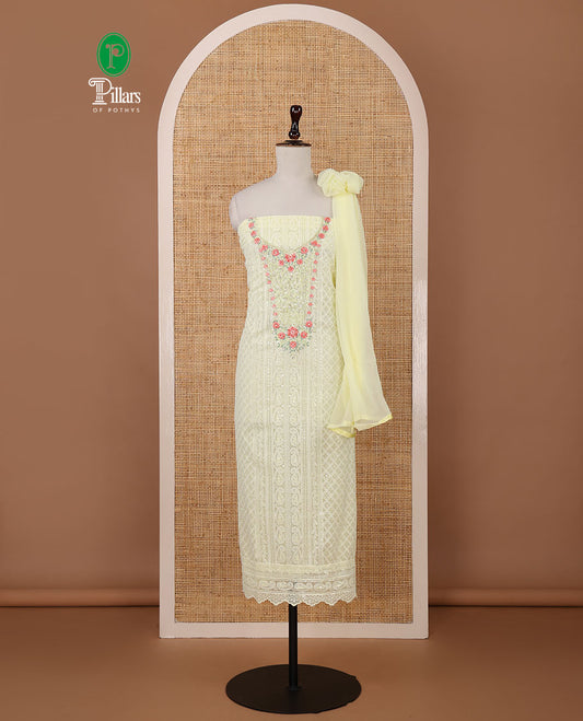 Lemon yellow chudidar material set, Lucknowi chikankari embroidered & neckwork georgette top,crepe plain bottom, & chiffon plain dupatta