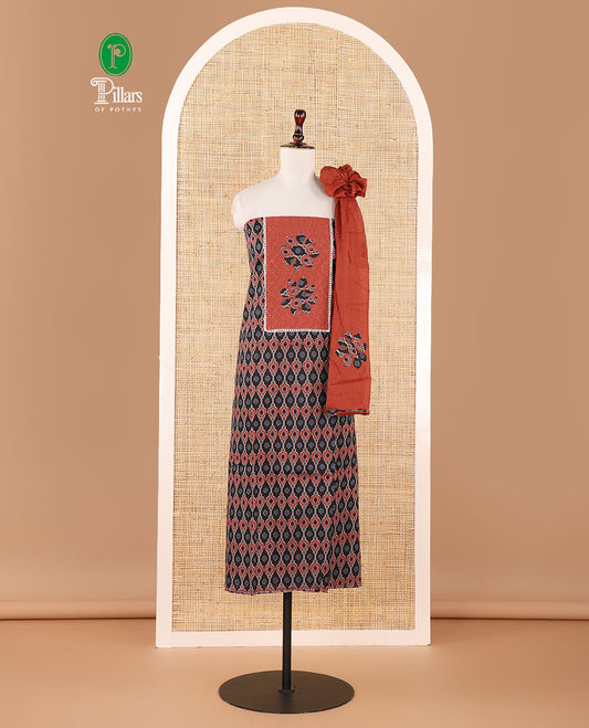 Black material chudidar set,ajrakh print & neck hakoba embroidery soft cotton top,plain cotton bottom & contrast ajrakh patchwork kota dupatta