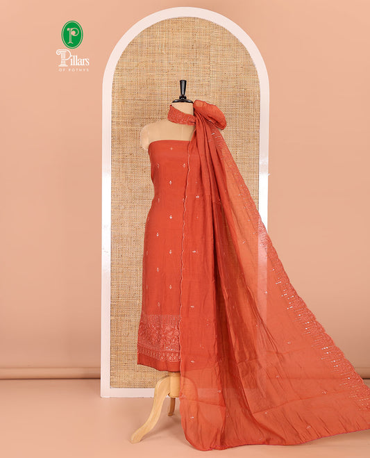 Rust material chudidar set, Kashmir embroidered and sequins work mul chanderi top, plain santoon bottom, and scallop embroidered dupatta