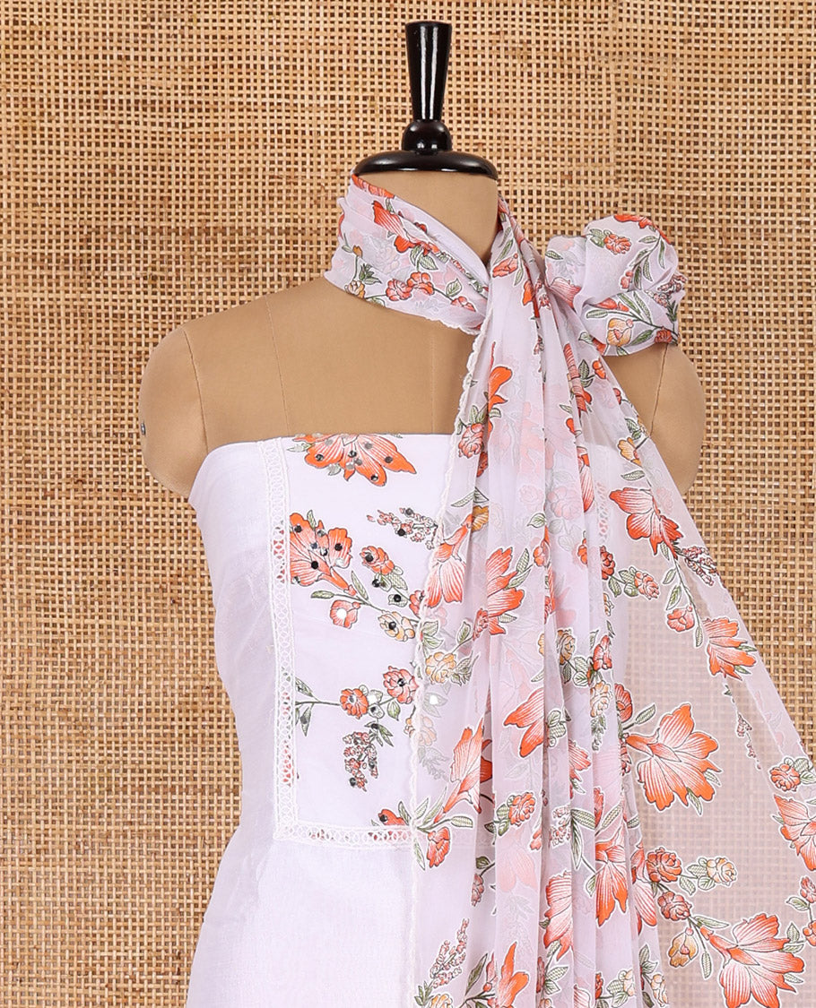 White-orange material chudidar set, floral vine printed with orginal mirror work Vichitra silk top, a matching bottom, and a floral vine printed georgette dupatta