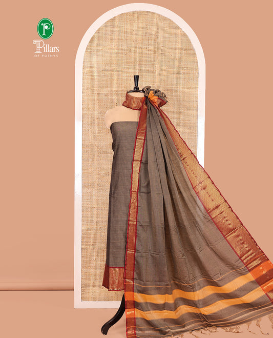 Brown Mercerised Cotton Material Churidar Set, Subtly Made with Plain and Traditional Ara Maadam Bordered Top, Comes with a Plain Mercerised Cotton Bottom, and Is Paired with a Mercerised Cotton Ara Maadam Woven Dupatta