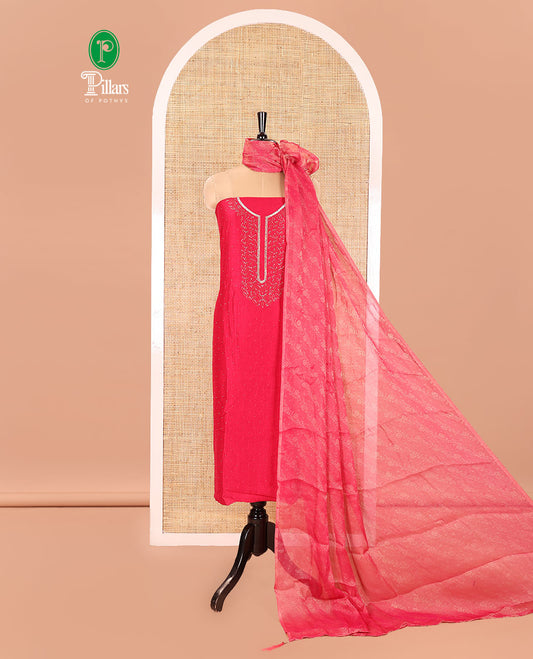 Pink Vichitra Silk Material Churidar Set, Mesmerized with Swarovski Stone Work and Neck Work Top, Comes with a Plain Santoon Bottom, and Is Paired with Nc Moss Organza Floral Jaal Design Dupatta