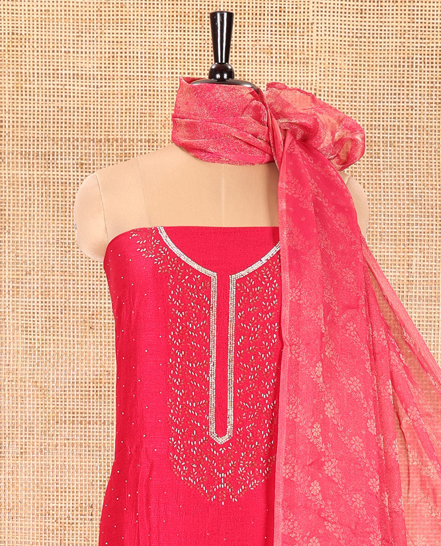 Pink Vichitra Silk Material Churidar Set, Mesmerized with Swarovski Stone Work and Neck Work Top, Comes with a Plain Santoon Bottom, and Is Paired with Nc Moss Organza Floral Jaal Design Dupatta