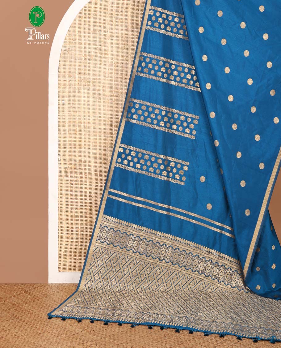 Blue peacock mile chakra butta dola silk saree with zari border & rich zari pallu along with mile chakra butta blouse