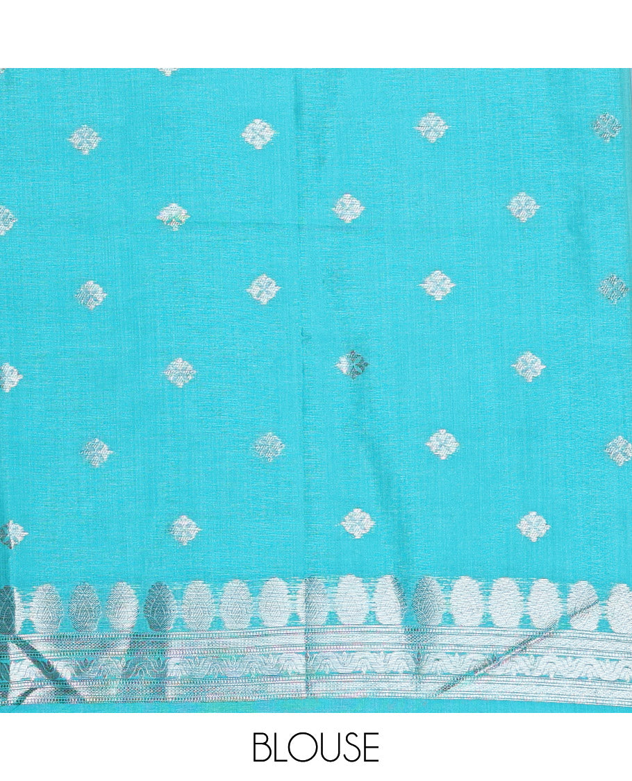 Borderless, blue striped, and zari traditional kanchi motifs fancy tussar saree, intricately zari-woven pallu, and a matching zari buttas woven blouse