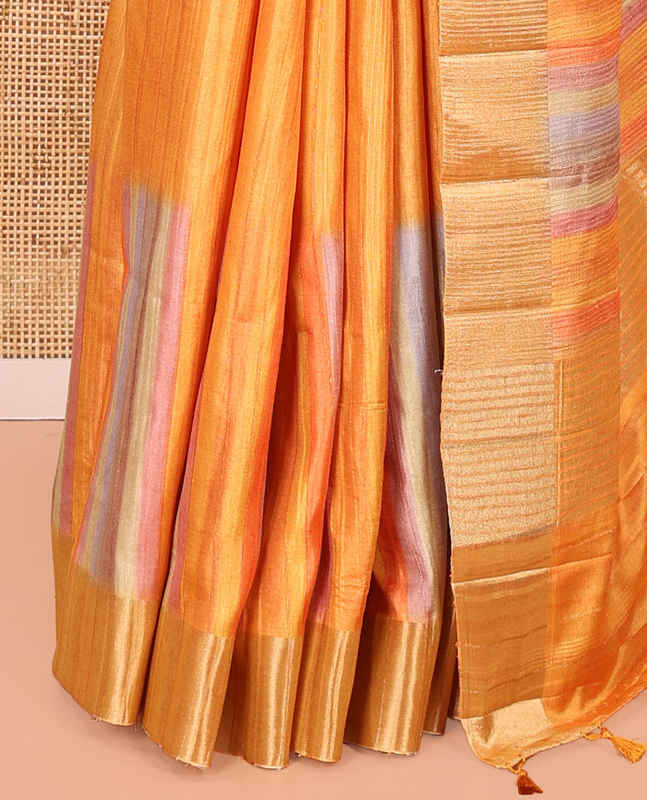 Orange Plain Fancy Tussar Saree, Highlighted by a Zari Bavanji Handbrush Painting-Style Striped Border, Striped Pallu, and Paired with a Matching Blouse