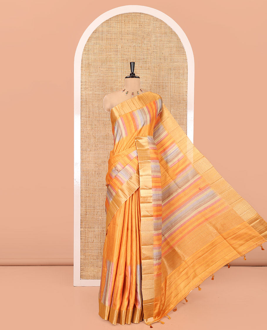 Orange Plain Fancy Tussar Saree, Highlighted by a Zari Bavanji Handbrush Painting-Style Striped Border, Striped Pallu, and Paired with a Matching Blouse