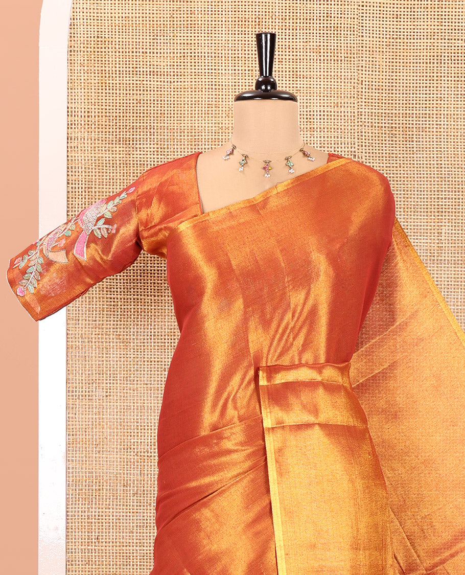 Borderless Red Tissue Saree, Enthralled with Colorful Floral-Bird Motif Printed with Outline Embroidery on Its Body, and Paired with a Readymade Elbow-Sleeve Round-Neck Blouse
