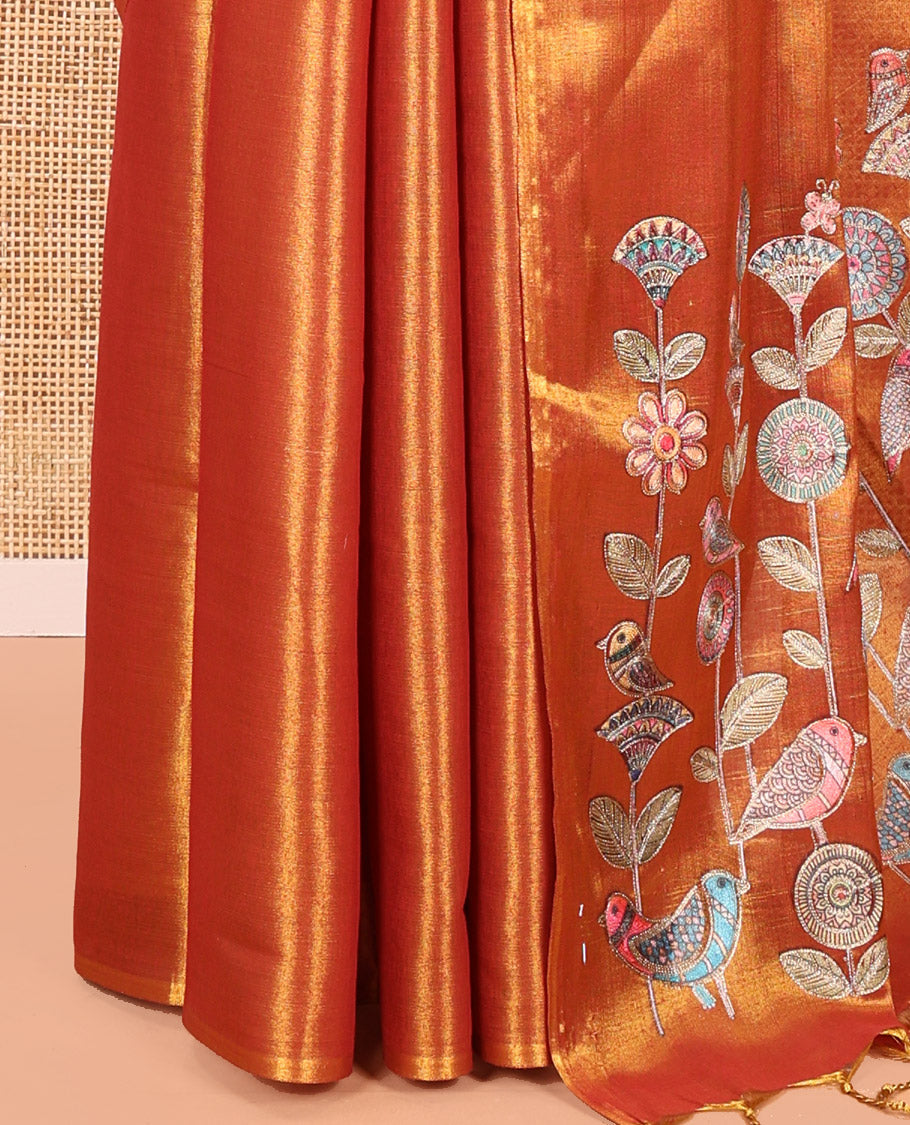Borderless Red Tissue Saree, Enthralled with Colorful Floral-Bird Motif Printed with Outline Embroidery on Its Body, and Paired with a Readymade Elbow-Sleeve Round-Neck Blouse