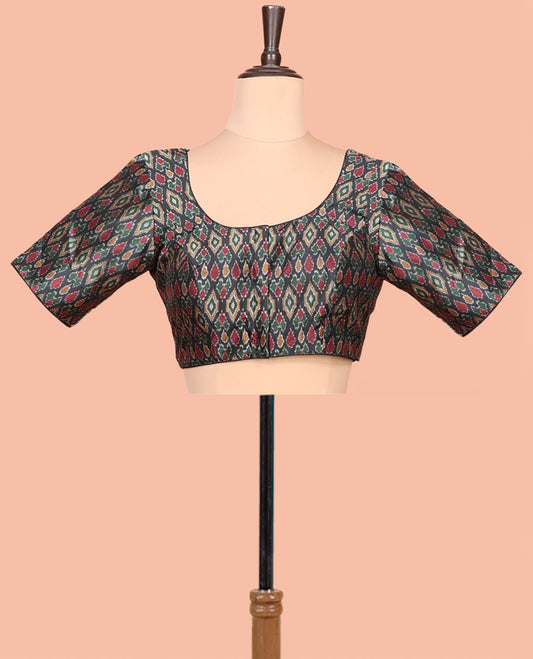 Black Readymade Blouse Featuring Ikat Print, a Front Round-Neck, Back Round-Neck, and Half-Sleeves