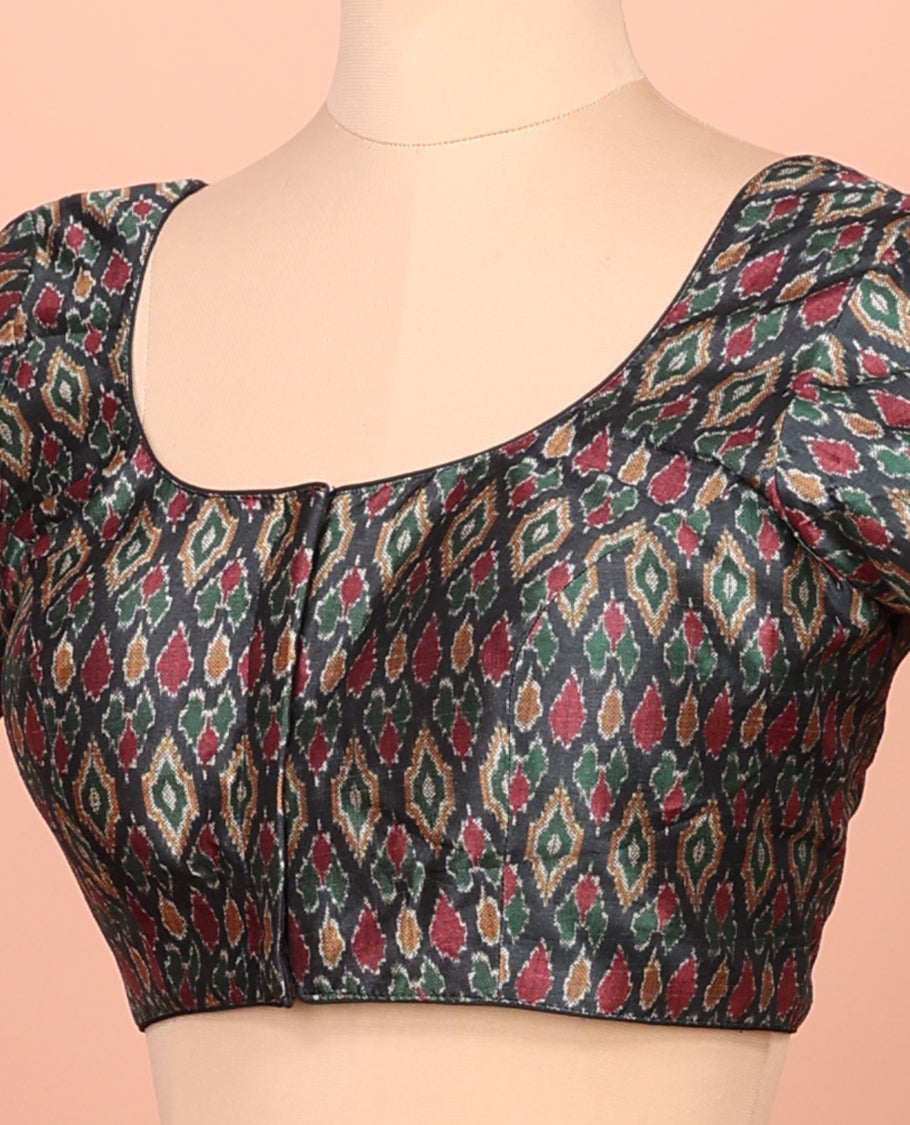 Black Readymade Blouse Featuring Ikat Print, a Front Round-Neck, Back Round-Neck, and Half-Sleeves