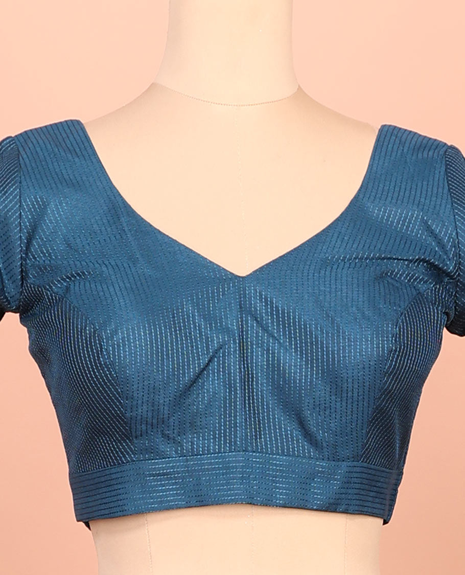 Blue thread work front-back leaf-neck elbow sleeve readymade blouse