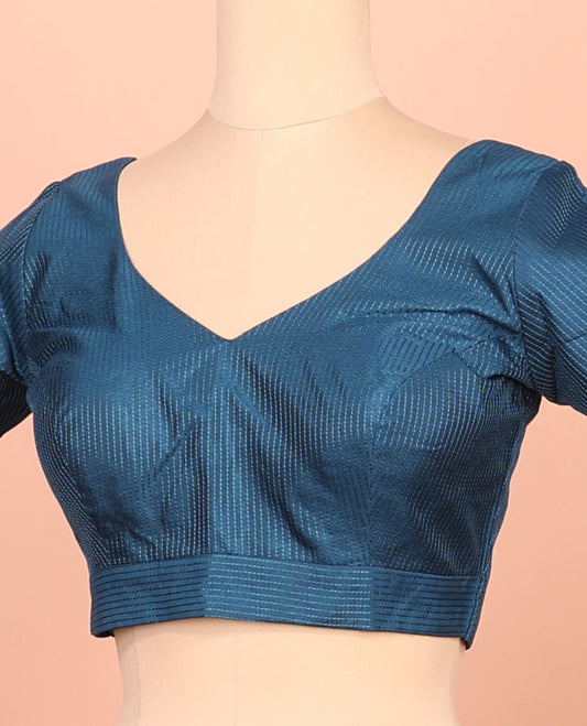 Blue thread work front-back leaf-neck elbow sleeve readymade blouse