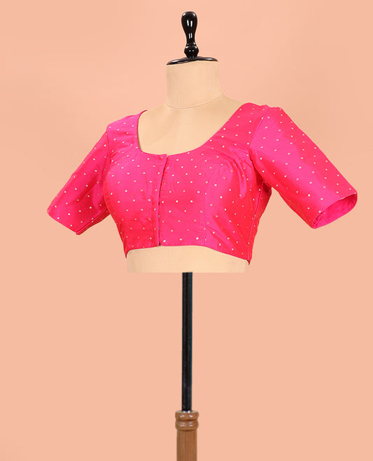 Pink Readymade Blouse Steeped with Buttas, Featuring Front Round Neck, Back Round Neck, and Elbow Sleeves