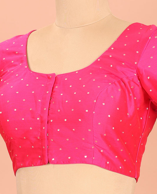 Pink Readymade Blouse Steeped with Buttas, Featuring Front Round Neck, Back Round Neck, and Elbow Sleeves