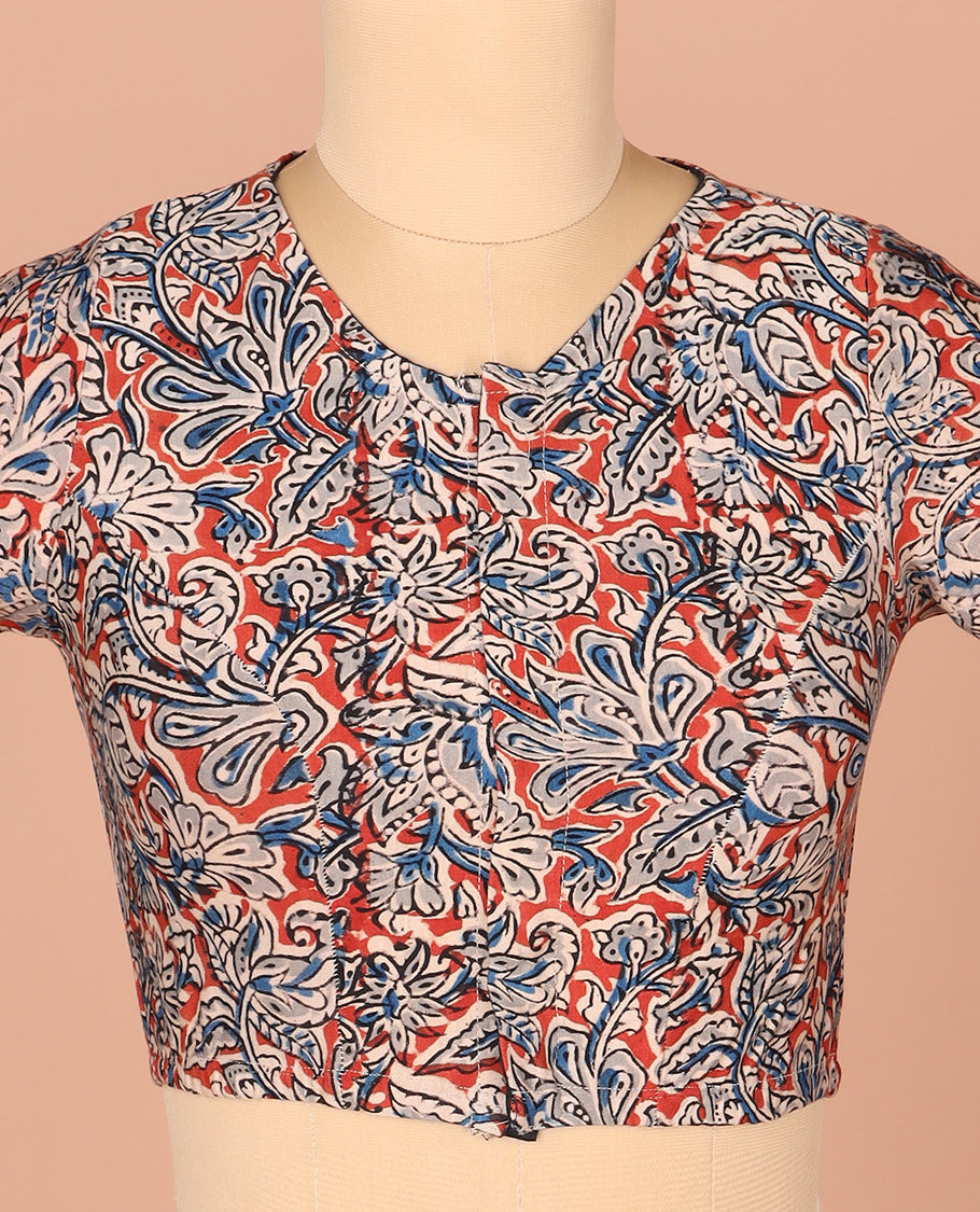 Red Readymade Blouse Detailed with Floral Vine Print, Featuring Front Round Neck, Back Round Neck, and Elbow Sleeves