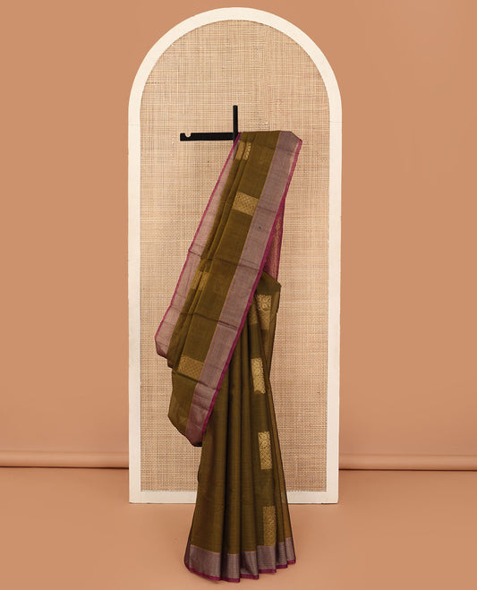 Brown rectangular zari buttas silk cotton saree, contrast border, and pallu of floral enclosed checks