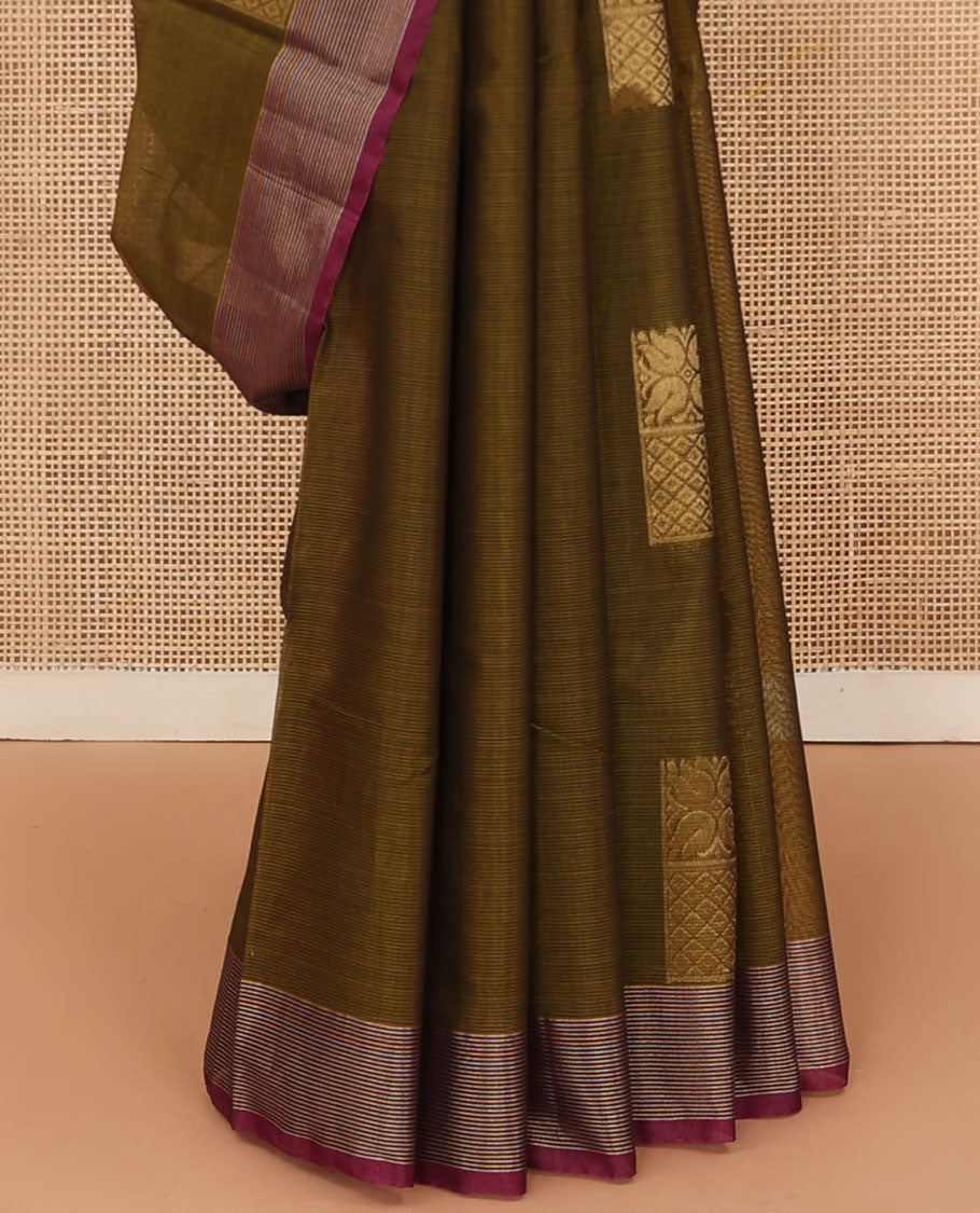 Brown rectangular zari buttas silk cotton saree, contrast border, and pallu of floral enclosed checks