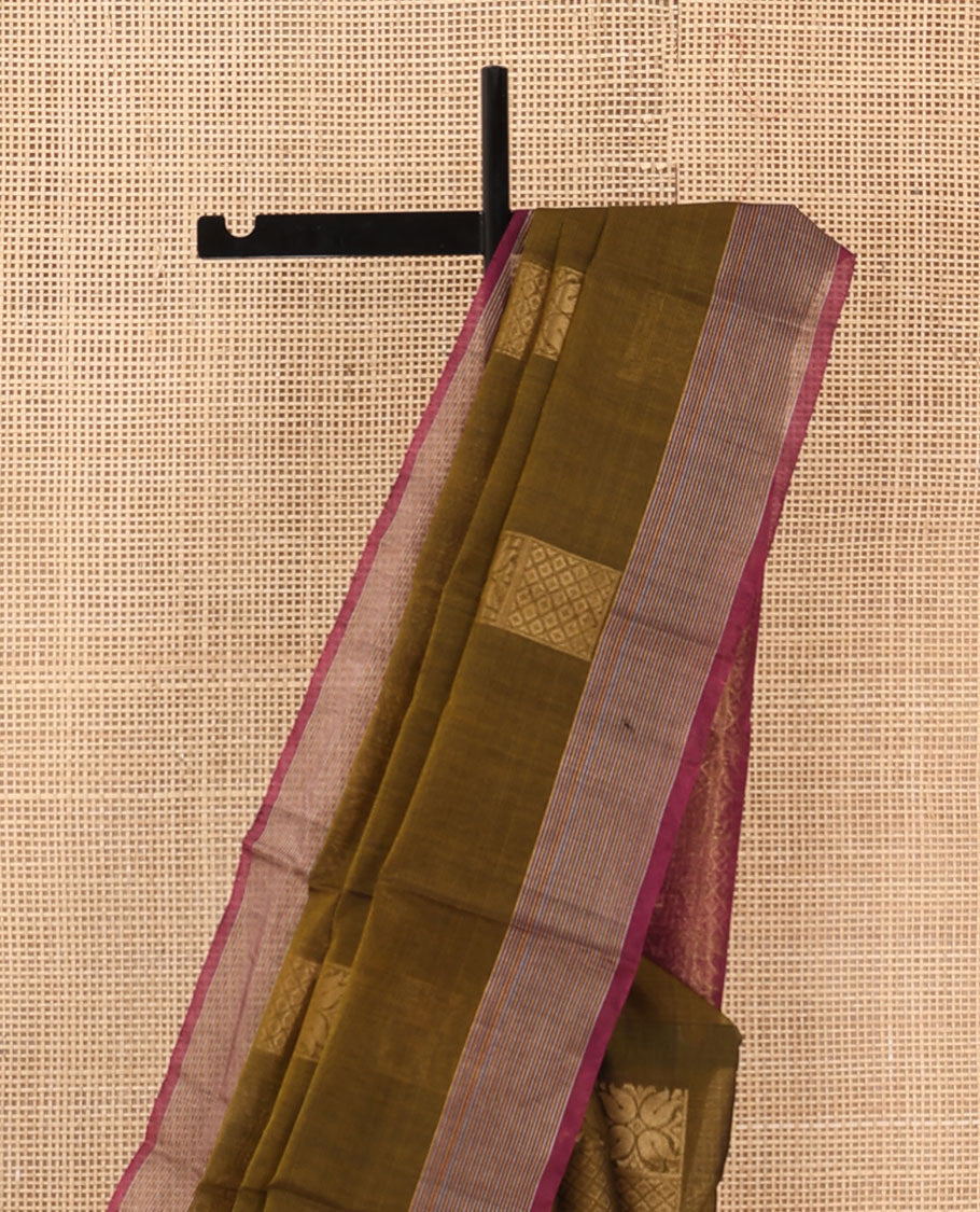 Brown rectangular zari buttas silk cotton saree, contrast border, and pallu of floral enclosed checks