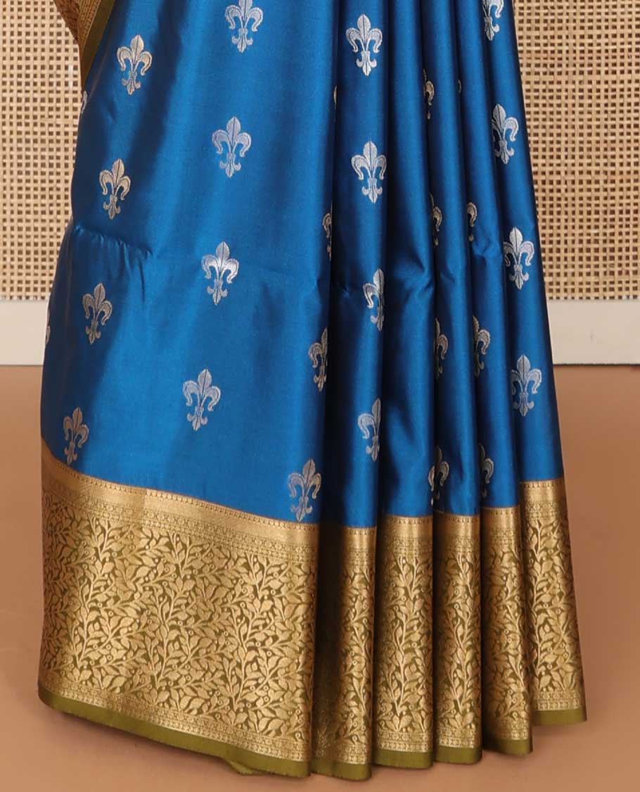 Blue floral motifs soft silk saree with contrast jacquard border & floral design pallu
