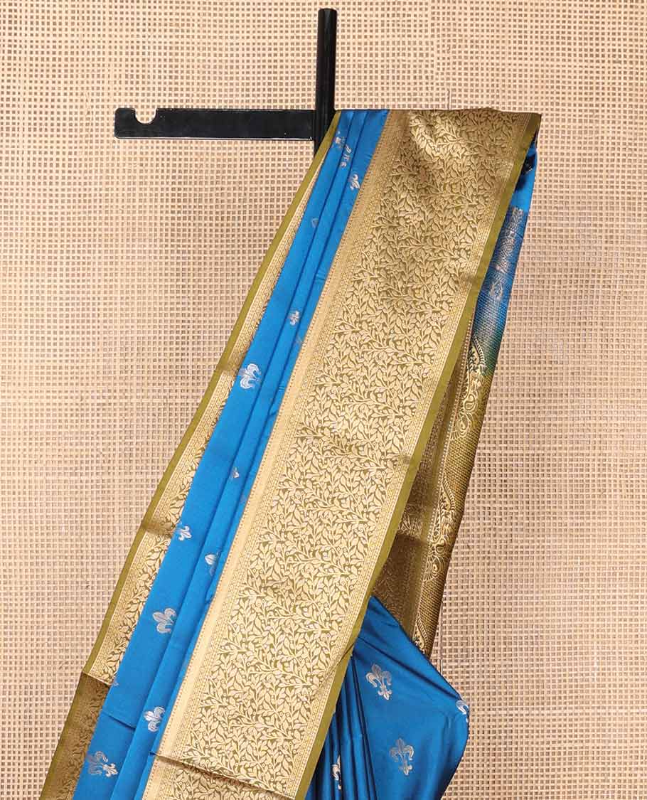 Blue floral motifs soft silk saree with contrast jacquard border & floral design pallu
