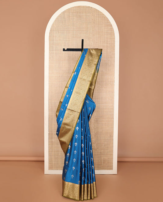 Blue floral motifs soft silk saree with contrast jacquard border & floral design pallu