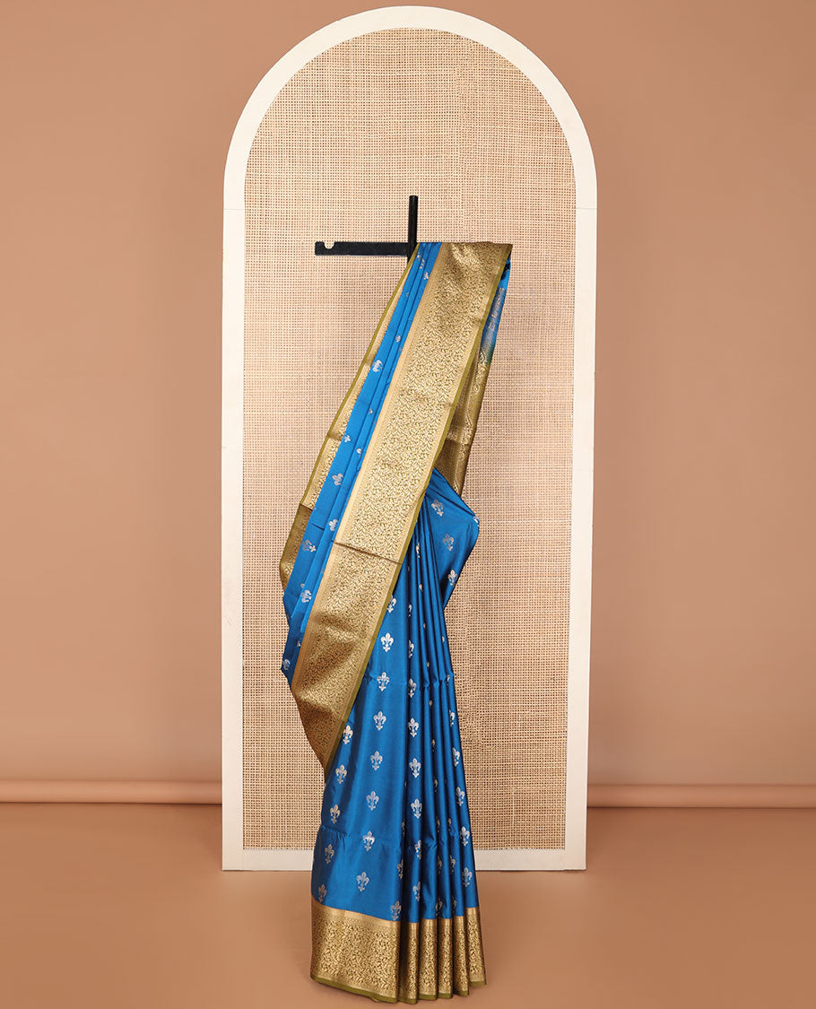 Blue floral motifs soft silk saree with contrast jacquard border & floral design pallu