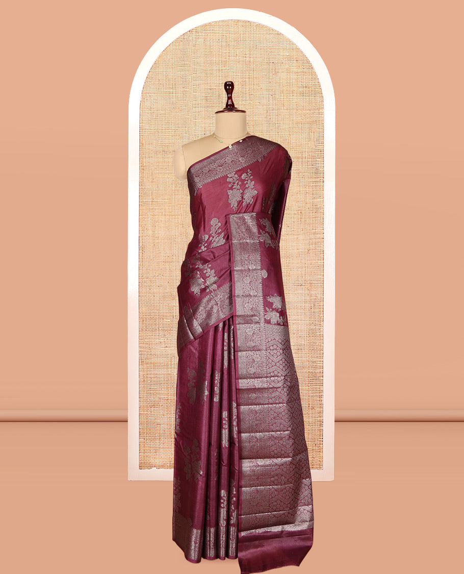 Maroon Tusser Silk Saree, Enriched with Floral Zari Buttas, a Zari Border, Intricate Pallu, and a Matching Blouse