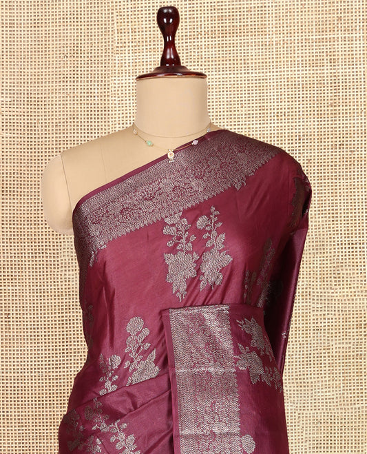 Maroon Tusser Silk Saree, Enriched with Floral Zari Buttas, a Zari Border, Intricate Pallu, and a Matching Blouse