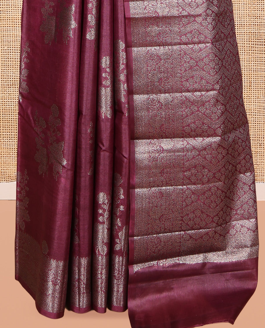 Maroon Tusser Silk Saree, Enriched with Floral Zari Buttas, a Zari Border, Intricate Pallu, and a Matching Blouse