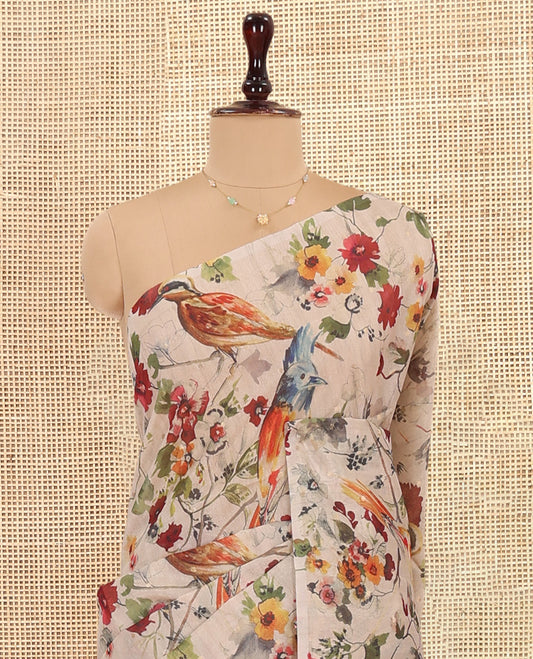 Borderless Sandal Tussar Saree, Mesmerized with Floral and Bird Print, a Self-Pallu, and a Matching Blouse