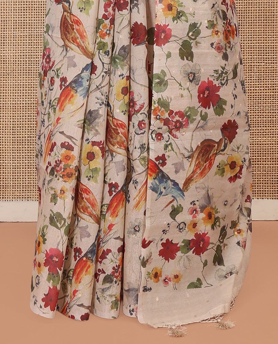 Borderless Sandal Tussar Saree, Mesmerized with Floral and Bird Print, a Self-Pallu, and a Matching Blouse