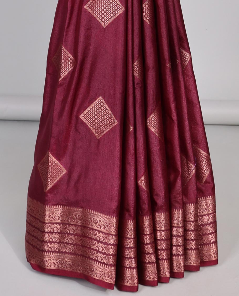 Maroon square motifs semi- banaras tussar saree with self zari striped border &  square motifs pallu