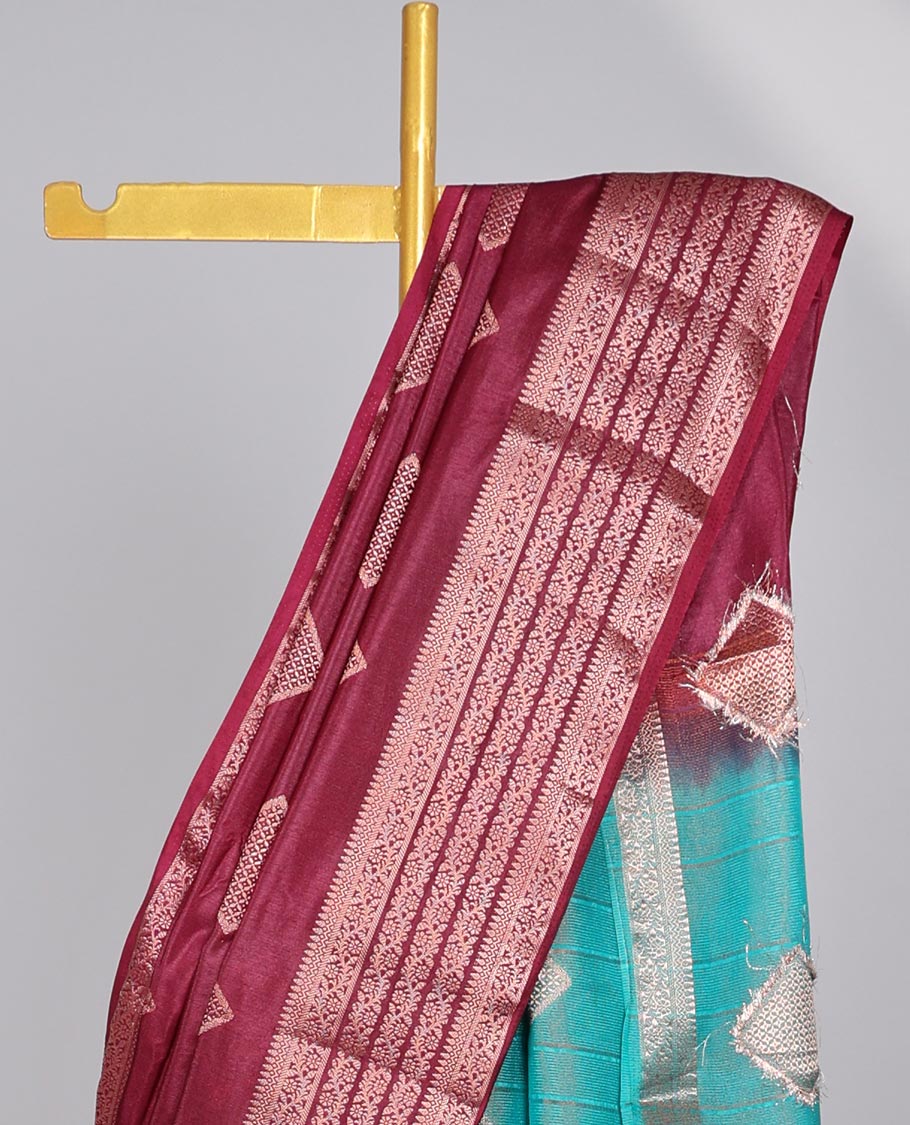 Maroon square motifs semi- banaras tussar saree with self zari striped border &  square motifs pallu