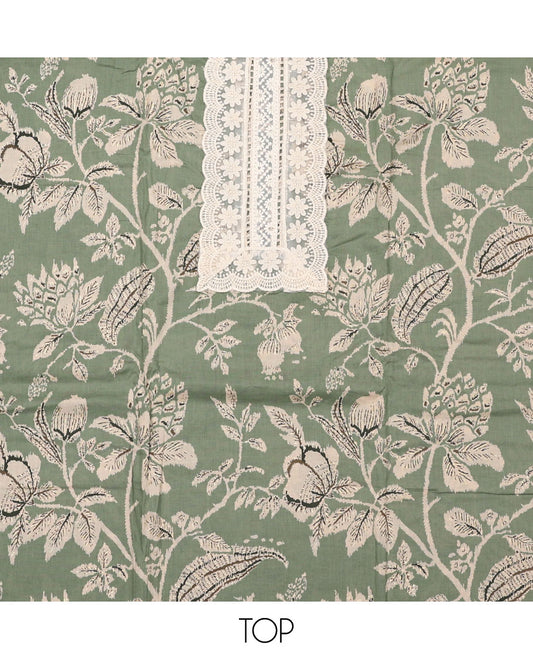 Green material chudidar set, floral vine printed with neck embroidered top, contrast plain bottom, and block printed dupatta