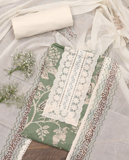 Green material chudidar set, floral vine printed with neck embroidered top, contrast plain bottom, and block printed dupatta