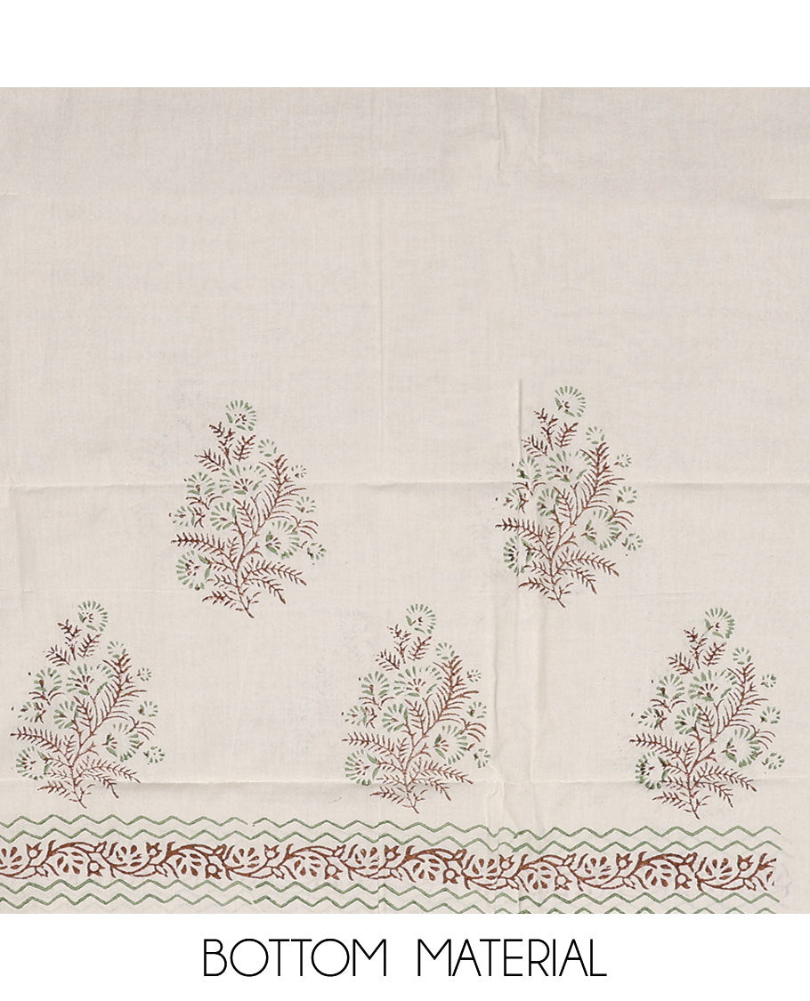 Green material chudidar set, floral vine printed with neck embroidered top, contrast plain bottom, and block printed dupatta