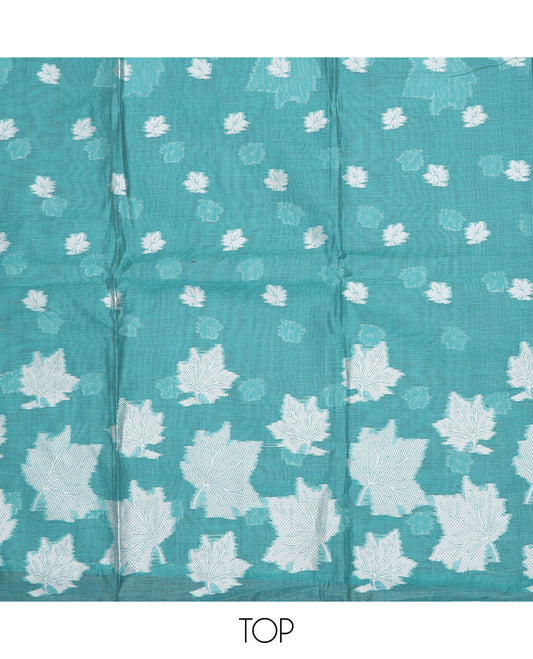 Blue material churidar set, leaf motifs top, plain bottom, and a dupatta steeped with leaf motifs