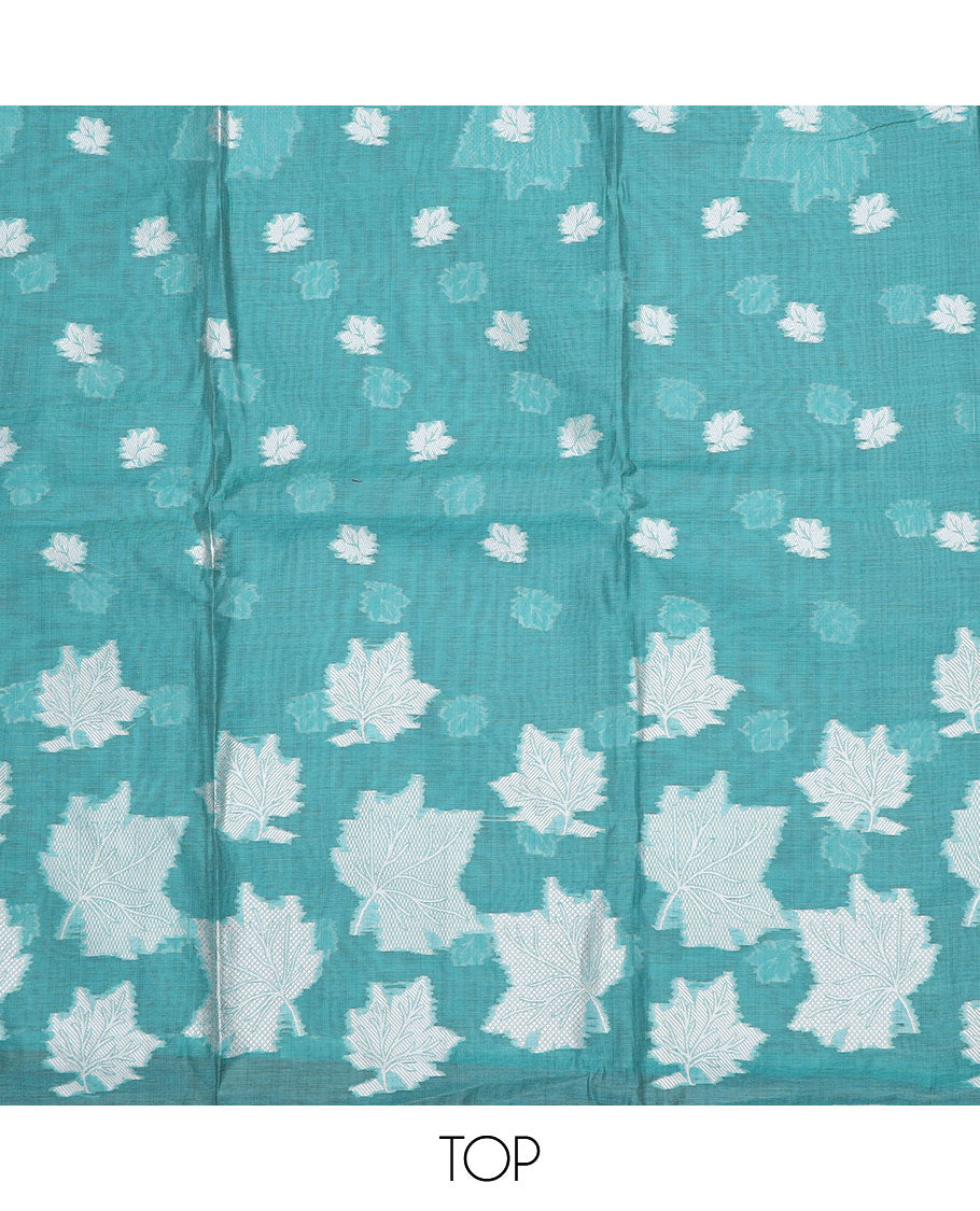 Blue material churidar set, leaf motifs top, plain bottom, and a dupatta steeped with leaf motifs