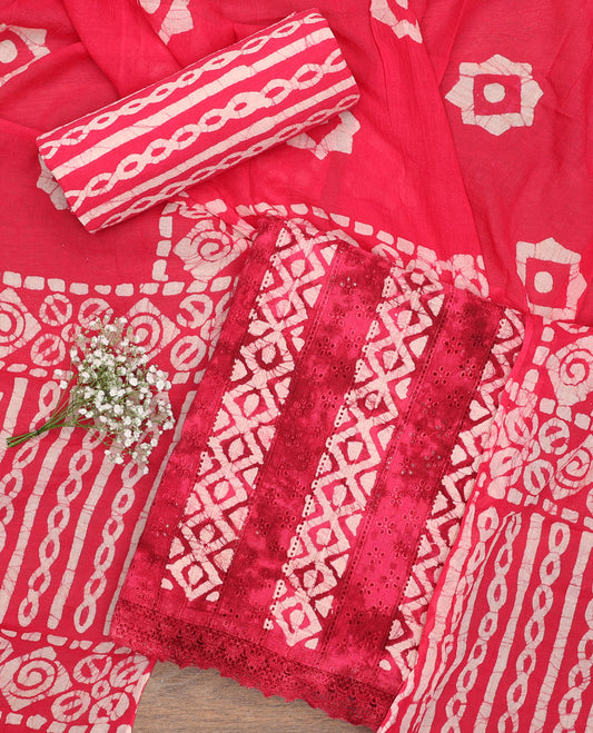 Red chudidhar material set geometric batik printed top , batik printed bottom & geometric batik printed dupatta