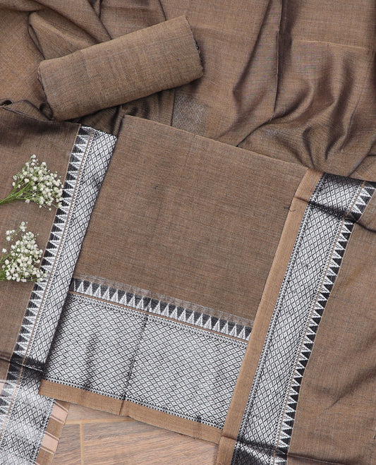 Brown checked, temple design chudidhar material top with plain bottom & plain, zari design border dupatta