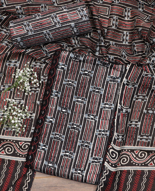 Black material chudidar set, batik leheriya striped with mirror embroidered top, printed bottom and batik printed dupatta