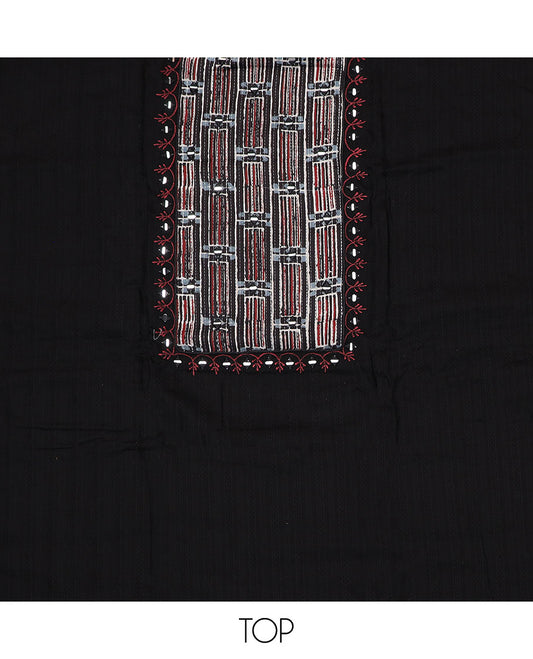 Black material chudidar set, batik leheriya striped with mirror embroidered top, printed bottom and batik printed dupatta