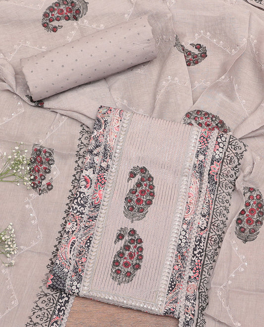 Grey Cotton Material Churidar Set, Majestically Printed with Paisleys and Neck Work Top, Polka Print Bottom, and Print-Embroidered Dupatta