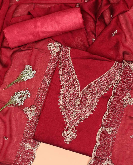 Red chudidhar material set floral embroidered top, plain bottom & floral embroidered dupatta