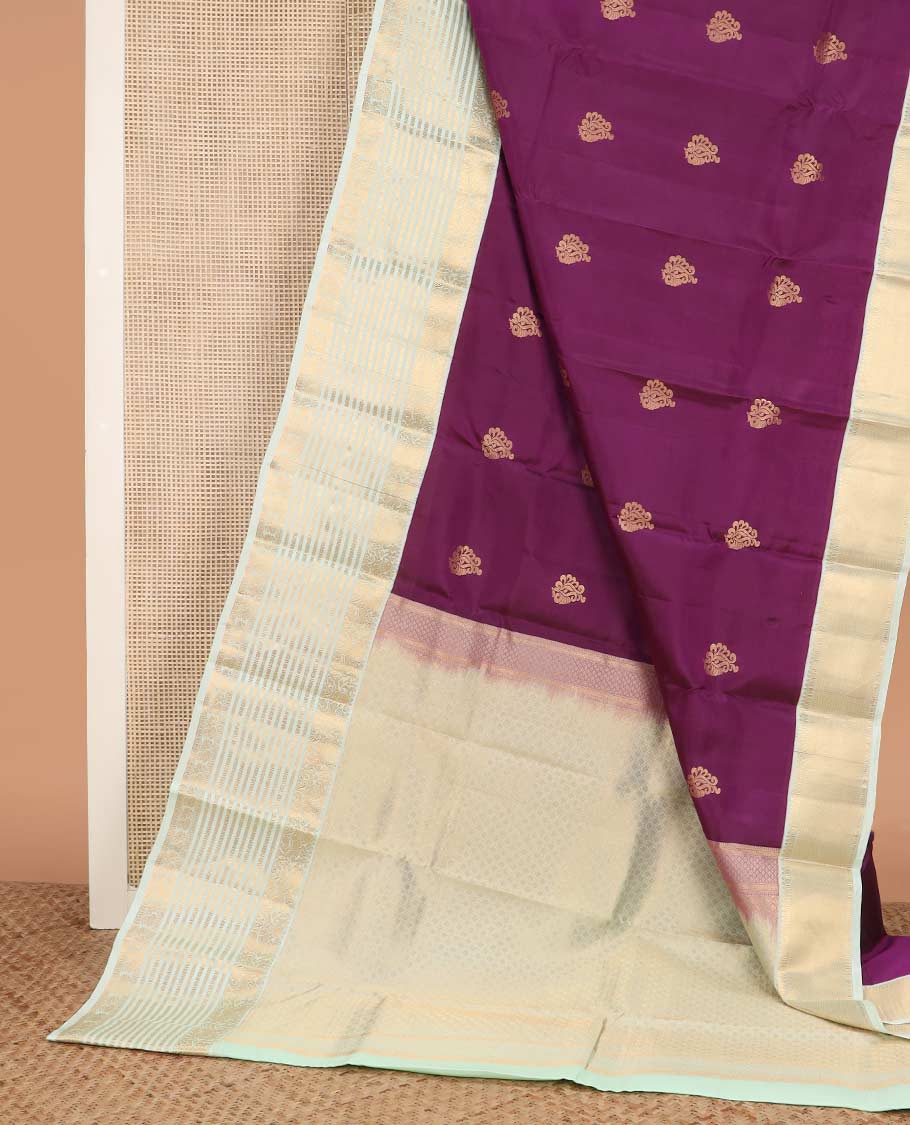 Purple zari buttas Vasundhara silk mix saree, contrast border of yaali, kathir, cross kamalam, and mayil designs, and jaal pallu
